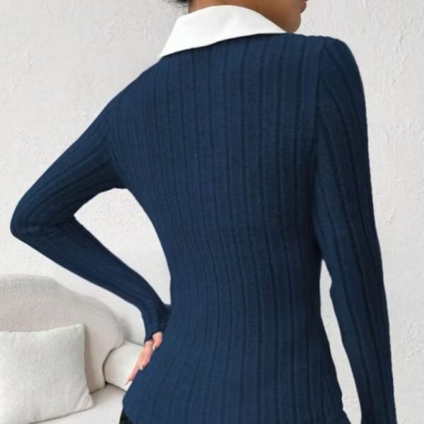 Ladies' Fashion Elegant Solid Color Long Sleeve Autumn Winter POLO Collar Fake Two Piece T-shirt Top Elegant Customization - Image 4