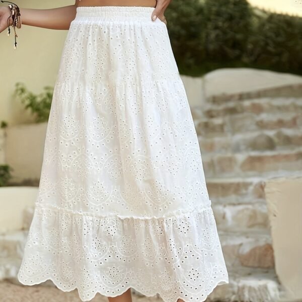 Ladies' Solid Color Hollow Flower Pattern Details, Fungus Edge Petals Hanging Pleats, Solid Color Design Sense, Long Style A Swing Skirt - Image 3