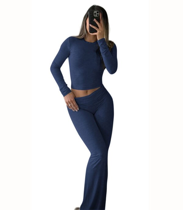 Leisure Sports Two-piece Set, Long Sleeved High Waisted Foldable Flared Pants, Sports Suit, Streetwear - Image 2