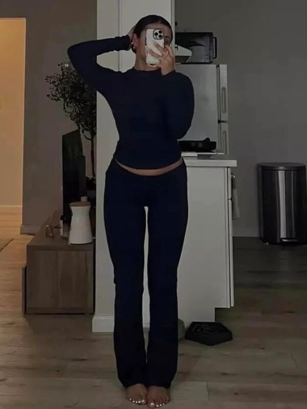 Leisure Sports Two-piece Set, Long Sleeved High Waisted Foldable Flared Pants, Sports Suit, Streetwear - Image 3