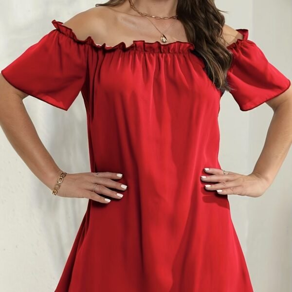 Ladies' Fashion Off Shoulder Ruffle Solid Color Decorative One Shoulder Casual Dress - Image 5