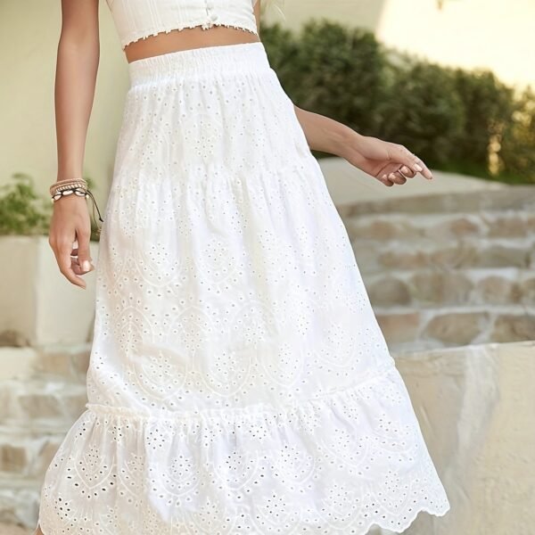 Ladies' Solid Color Hollow Flower Pattern Details, Fungus Edge Petals Hanging Pleats, Solid Color Design Sense, Long Style A Swing Skirt - Image 4
