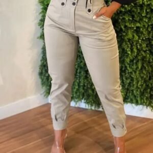 Women's Solid Color Non Elastic Belt Button Detail Four Season Fashion Pants