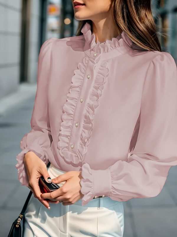 Fashionable Stand-up Collar Long-sleeved Shirt With Lotus Leaf Hem - Image 9
