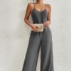 Ladies' Solid Color Chest Pleated Design Cross Suspender Sexy Jumpsuit