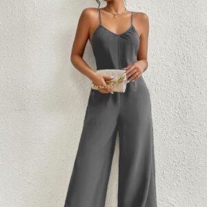 Ladies' Solid Color Chest Pleated Design Cross Suspender Sexy Jumpsuit