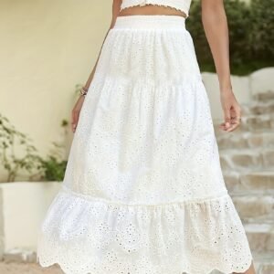 Ladies' Solid Color Hollow Flower Pattern Details, Fungus Edge Petals Hanging Pleats, Solid Color Design Sense, Long Style A Swing Skirt