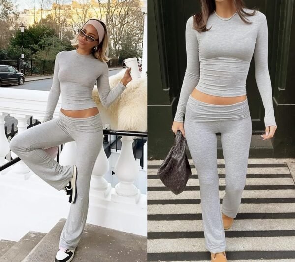 Leisure Sports Two-piece Set, Long Sleeved High Waisted Foldable Flared Pants, Sports Suit, Streetwear - Image 5