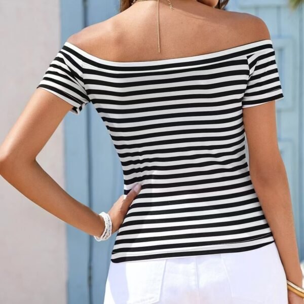 Ladies' Off Shoulder Striped Top Casual One Shoulder Shirt - Image 2