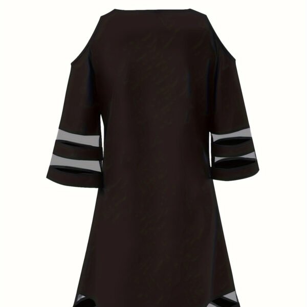 Ladies' Abstract Printed Color Blocked Off Shoulder Contrasting Mesh Casual Dress - Image 2
