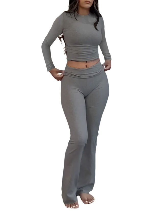 Leisure Sports Two-piece Set, Long Sleeved High Waisted Foldable Flared Pants, Sports Suit, Streetwear - Image 4