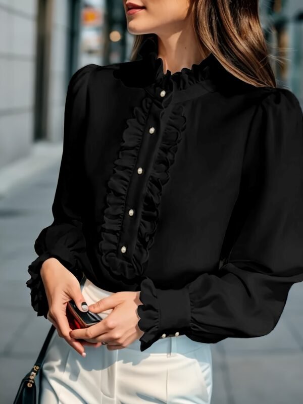 Fashionable Stand-up Collar Long-sleeved Shirt With Lotus Leaf Hem - Image 6
