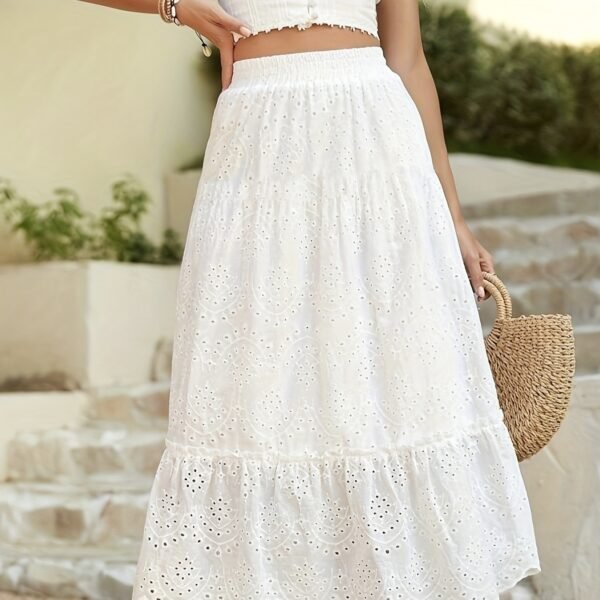 Ladies' Solid Color Hollow Flower Pattern Details, Fungus Edge Petals Hanging Pleats, Solid Color Design Sense, Long Style A Swing Skirt - Image 5