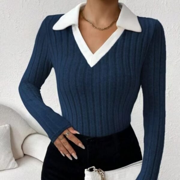 Ladies' Fashion Elegant Solid Color Long Sleeve Autumn Winter POLO Collar Fake Two Piece T-shirt Top Elegant Customization - Image 2