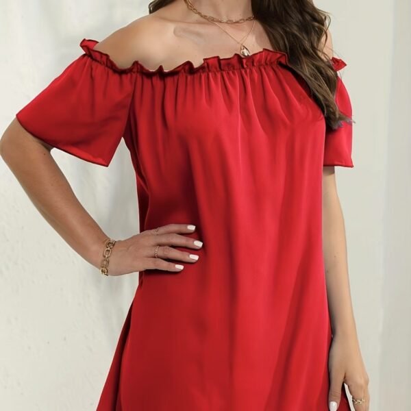 Ladies' Fashion Off Shoulder Ruffle Solid Color Decorative One Shoulder Casual Dress - Image 4