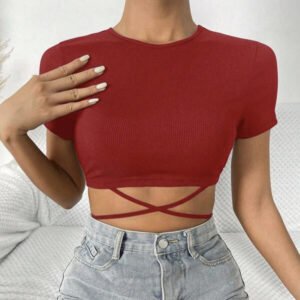 Ladies' Solid Color Cross Tie Design, Round Neck Shoulder Short, Tight Fitting Figure Enhancing T-shirt Top