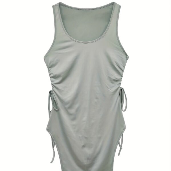 Women's Solid Color Round Neck Drawstring Slit Fashionable Sexy Dress With Hip Wrap - Image 2