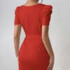 Women's Solid Color Notch V-neck Waist Bag Waist Belt Dress - Image 3