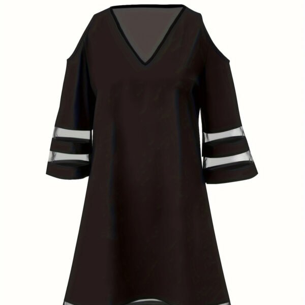 Ladies' Abstract Printed Color Blocked Off Shoulder Contrasting Mesh Casual Dress - Image 3