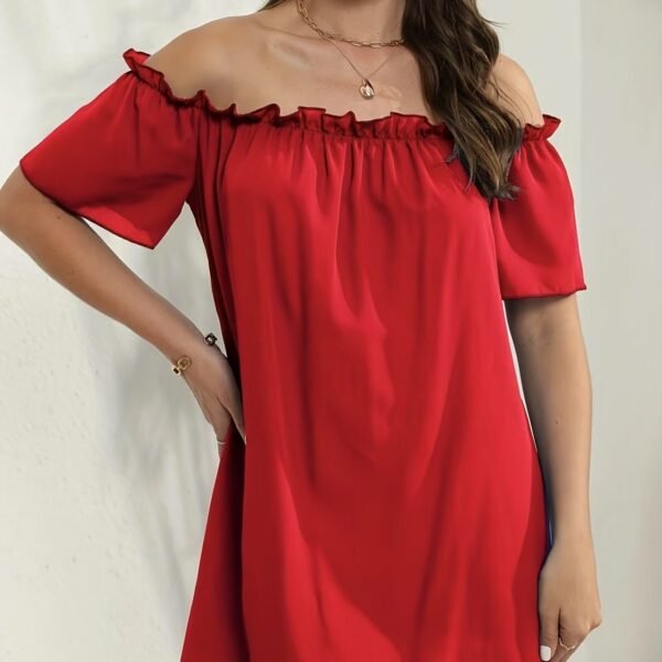 Ladies' Fashion Off Shoulder Ruffle Solid Color Decorative One Shoulder Casual Dress - Image 3