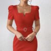 Women's Solid Color Notch V-neck Waist Bag Waist Belt Dress - Image 2