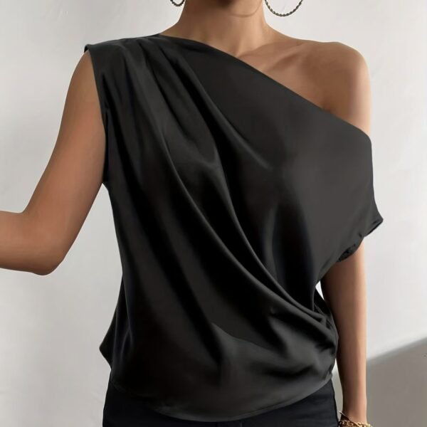 Ladies' Solid Color Asymmetrical Collar Pleated Elegant Casual Sloping Shoulder Collar Off Shoulder Top - Image 2