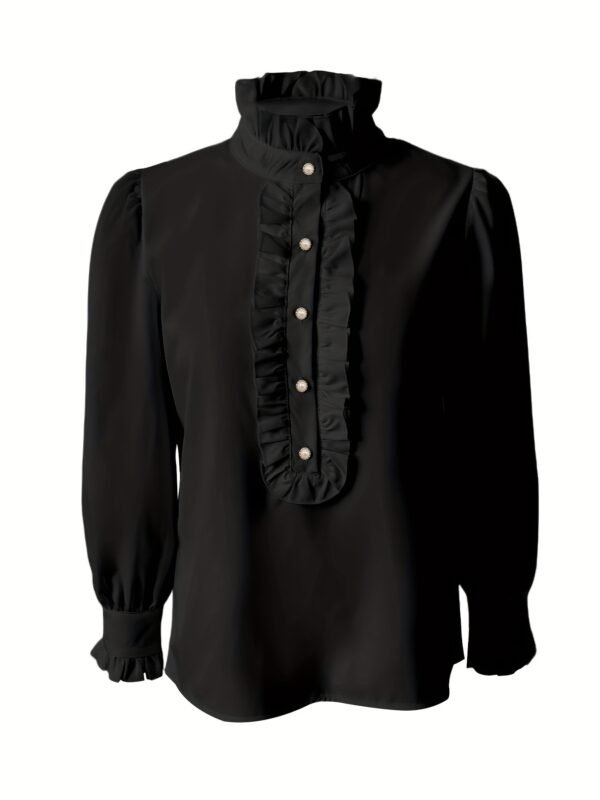 Fashionable Stand-up Collar Long-sleeved Shirt With Lotus Leaf Hem - Image 2