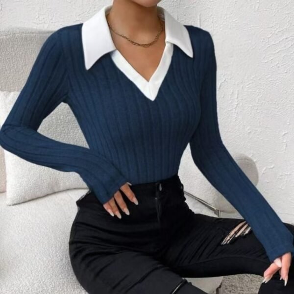 Ladies' Fashion Elegant Solid Color Long Sleeve Autumn Winter POLO Collar Fake Two Piece T-shirt Top Elegant Customization - Image 3