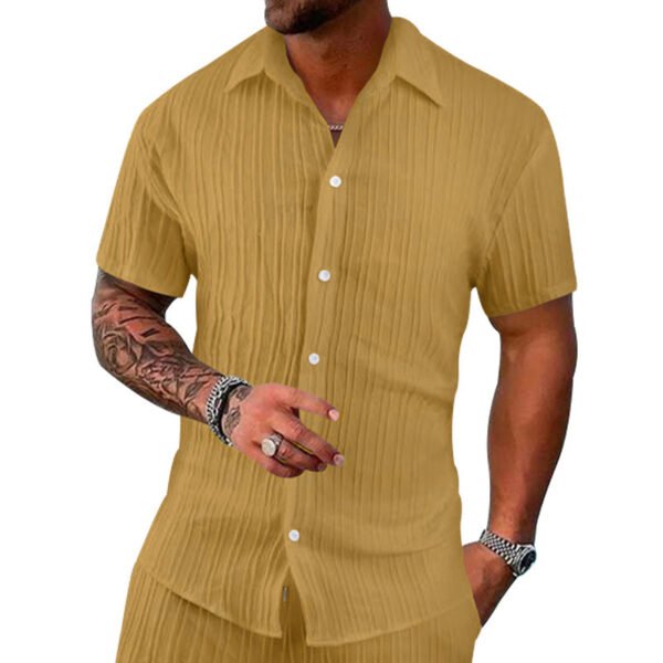 Polo Collar Solid Color Short Sleeve Button Men's Casual Loose Short Sleeves Shirt - Image 3