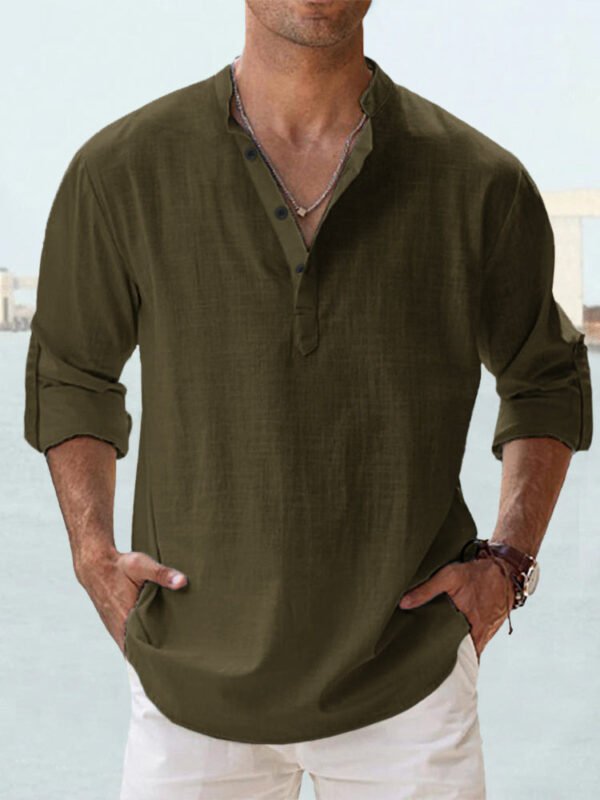 Men's Linen Stand-up Collar Long Sleeve T-shirt Loose Undershirt - Image 3