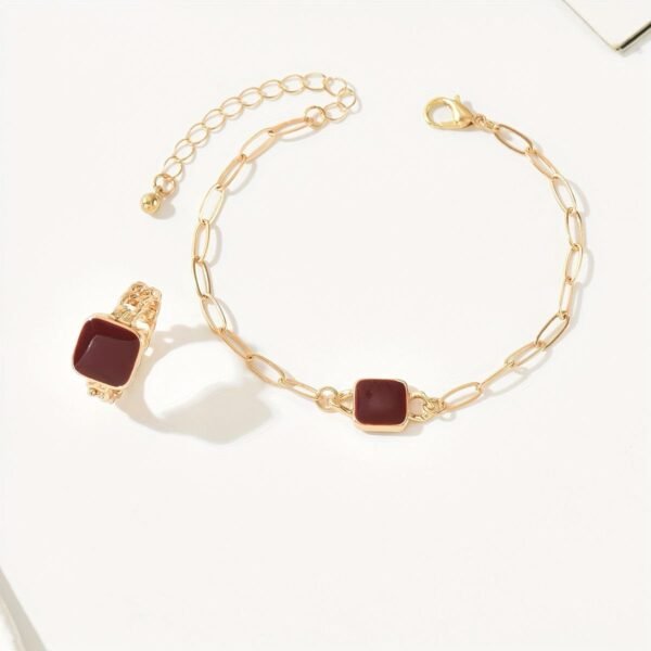 14K Gold Plated Square Agate Bracelet And  Ring Set - Luxe & Timeless Jewelry - Image 3