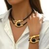 Modern Elegance  Black & Silver Leather Choker Necklace And Bracelet Set - Image 3