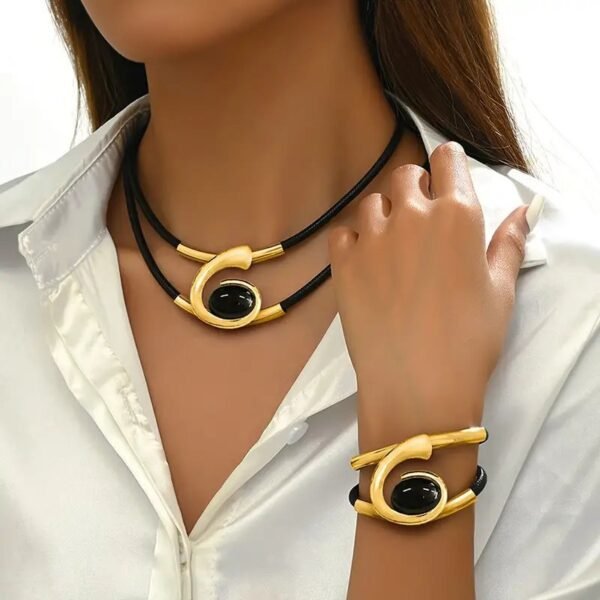 Modern Elegance  Black & Silver Leather Choker Necklace And Bracelet Set - Image 3