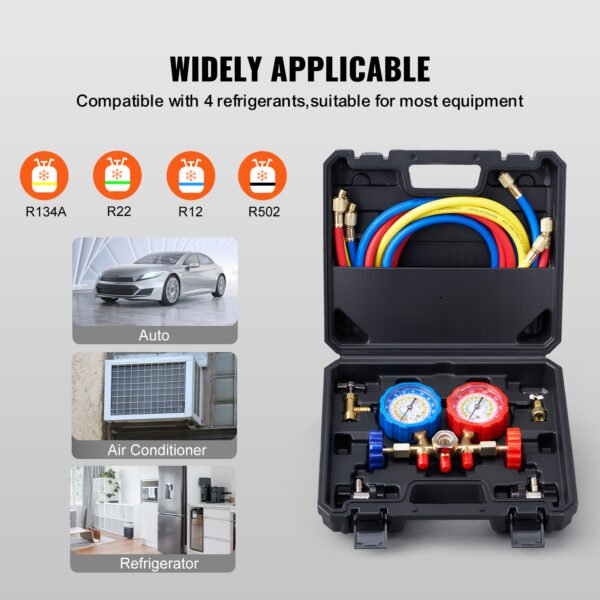 VEVOR AC Gauge Set - 3 Way AC Manifold Gauge Set For R134A R22 R12 R502 Refrigerant, Freon Gauges With 5ft Hoses, Couplers, Can Tap Works On Car Auto Freon Charging And Evacuation - Image 10