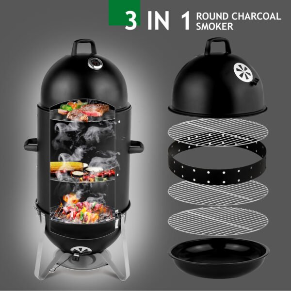 48x48x119cm Black 3-layer Oval Cylinder Smoker Iron Charcoal Grill - Image 4