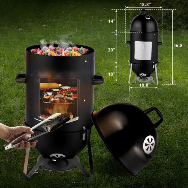 48x48x119cm Black 3-layer Oval Cylinder Smoker Iron Charcoal Grill - Image 6
