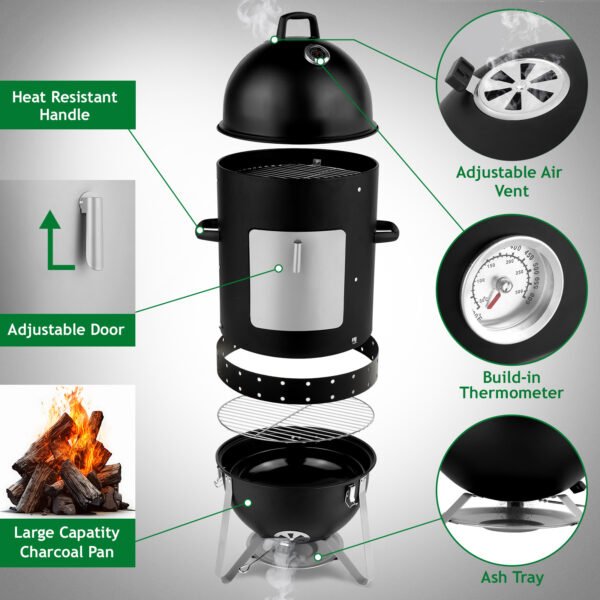 48x48x119cm Black 3-layer Oval Cylinder Smoker Iron Charcoal Grill - Image 8