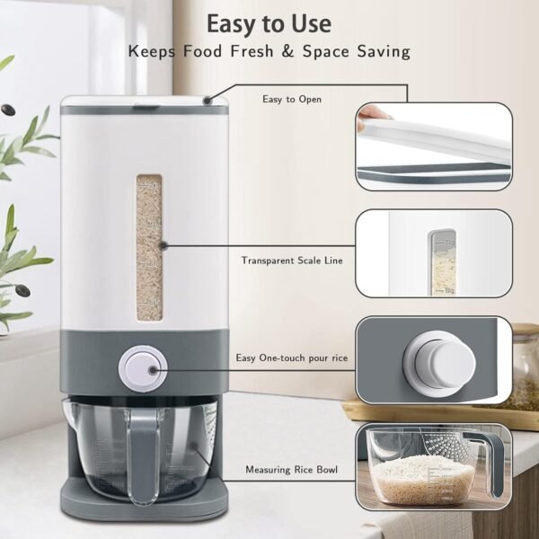 Rice Dispenser, 22-25 Lbs Rice Container With Measuring Cup,Cereal Dispenser Storage With Lids For Home Kitchen Pantry Rice Soybean Corn-Grey - Image 6