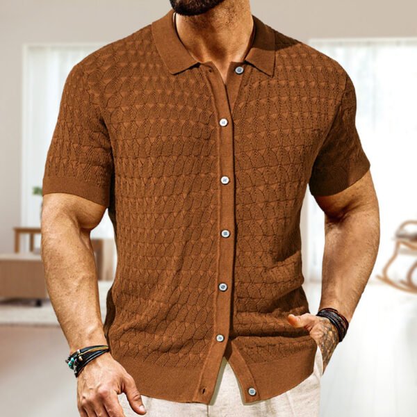 Men's Fashion Pointelle Design Spring And Summer Knitwear Short Sleeve Cardigan - Image 4