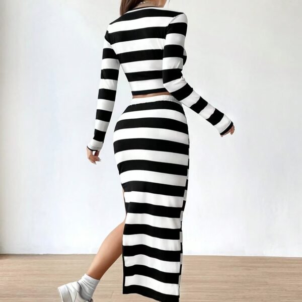 Ladies' Fashion Striped Printed Long Sleeved Top With Slit Skirt - Image 3
