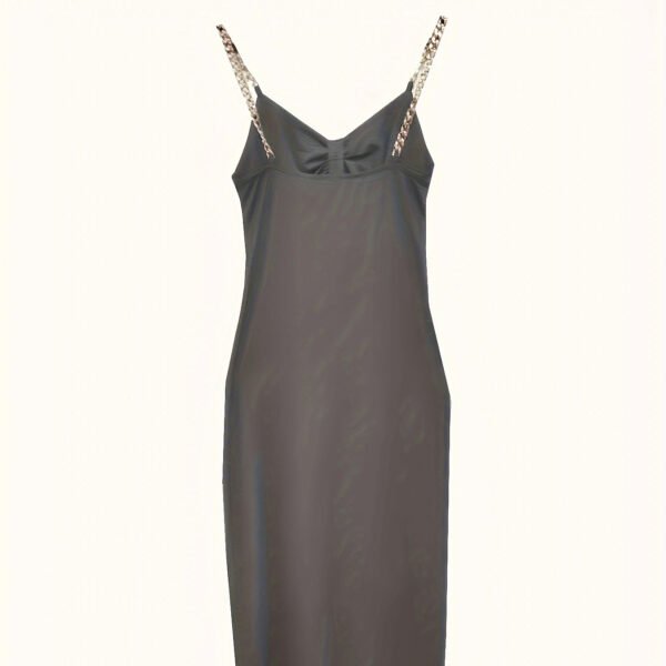 Women's Solid Color New Fashionable Metal Chain Hollow Chest Pleat Details Slit Design Sense Long Sexy Style Dress - Image 4