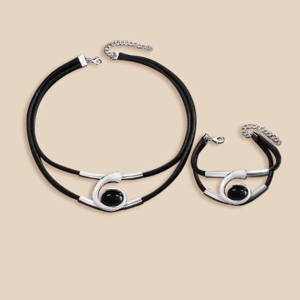 Modern Elegance  Black & Silver Leather Choker Necklace And Bracelet Set - Image 5