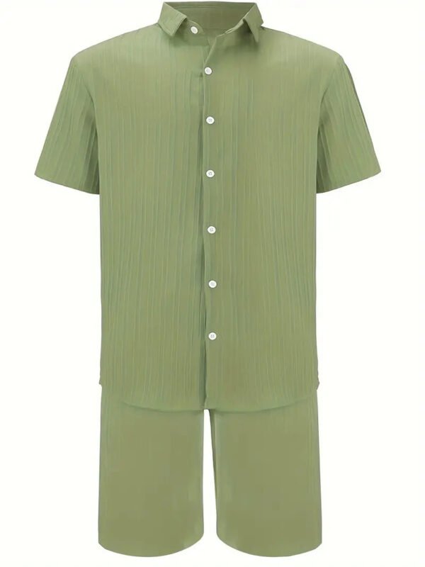 Men's Summer Two-Piece Set Casual Pleated Striped Shirt With Drawstring Shorts, Short Sleeve Workwear Outfit, Lounge Suit - Image 3