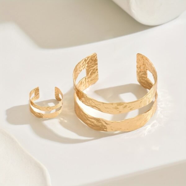 14K Gold -Toned Hammered Texture  Cuff Bracelet And Ring Set - Image 5