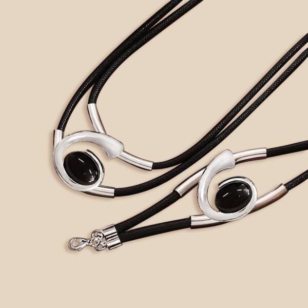 Modern Elegance  Black & Silver Leather Choker Necklace And Bracelet Set - Image 8