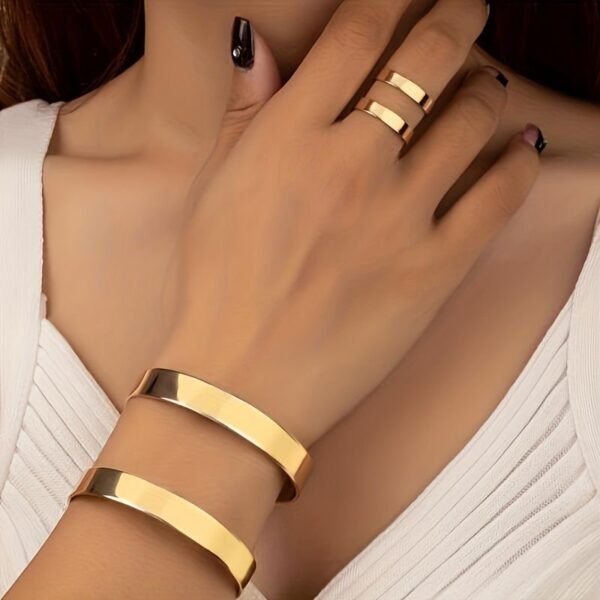 14K Gold Plated Cuff Bangle And  Ring Set - Minimalist Style - Image 3