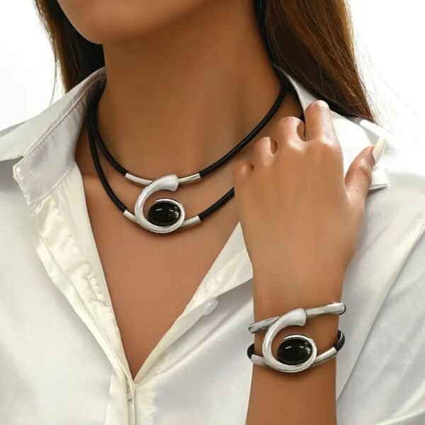 Modern Elegance  Black & Silver Leather Choker Necklace And Bracelet Set