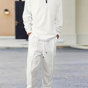 Men's 2-Piece Solid Color Knitted Set, Pullover Sweatshirt & Drawstring Pants - Comfortable Outfit For Daily Wear