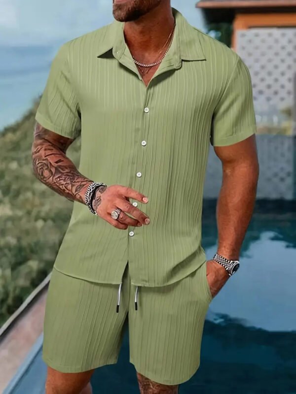 Men's Summer Two-Piece Set Casual Pleated Striped Shirt With Drawstring Shorts, Short Sleeve Workwear Outfit, Lounge Suit - Image 5