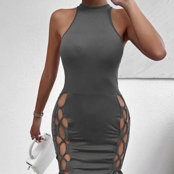 Women's Solid Color Sleeveless Skirt With Slit And Cross Tie, Sexy Tight Fitting Hip Hugging Dress, Short Skirt - Image 2